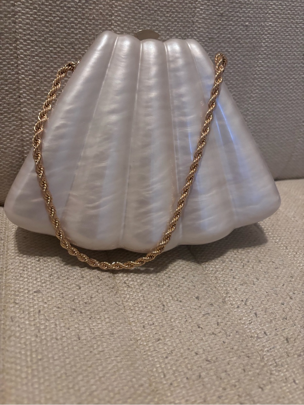 Zara Iridescent Pearl-Effect Shell Clutch with Gold Chain